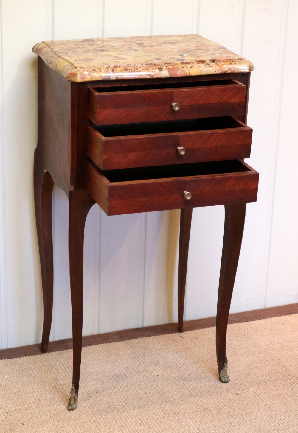 French Mahogany Marble Top Bedside View VIII