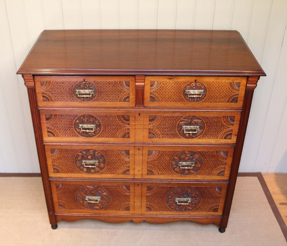 Solid Walnut Asethetic Movement Chest Of Drawers