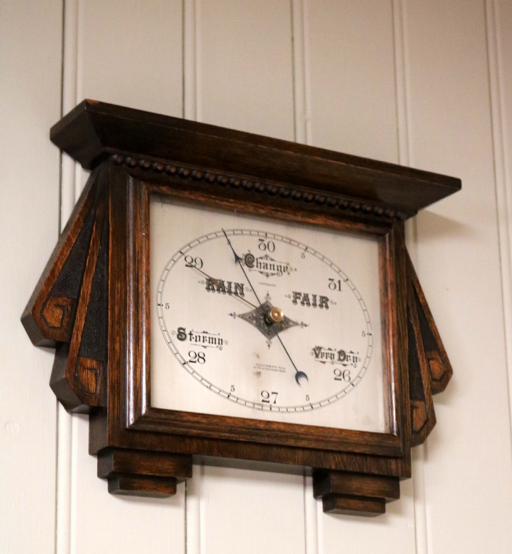 Art Deco Style Oak Aneroid Barometer View IV