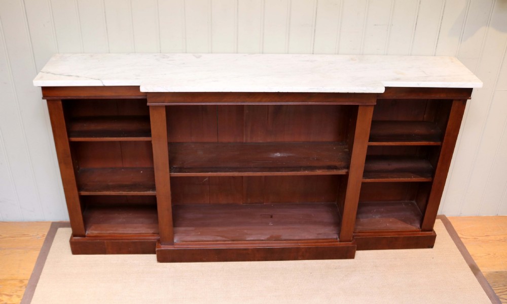 Large Mahogany Breakfront Marble Top Open Bookcase View II