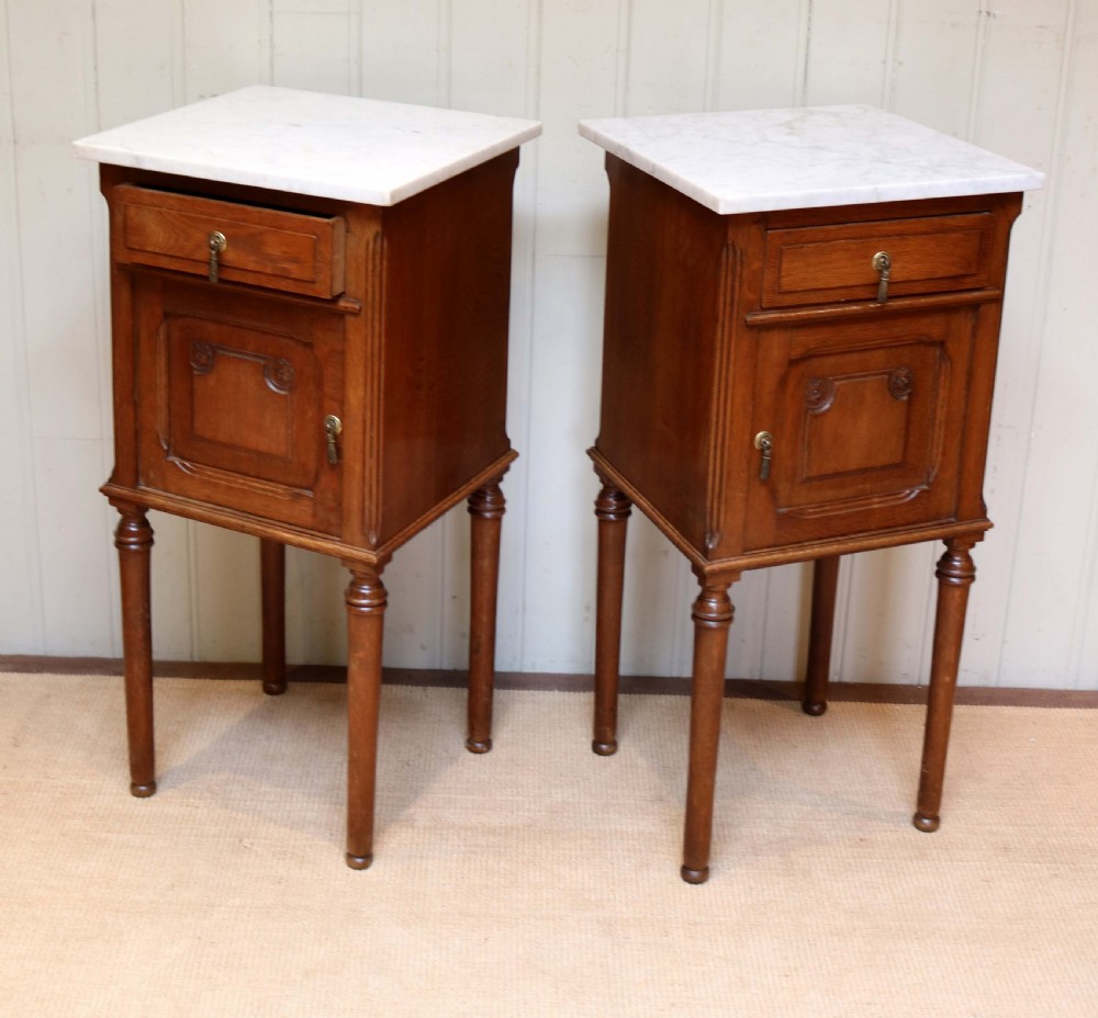 French Oak Marble Top Bedside Cabinets