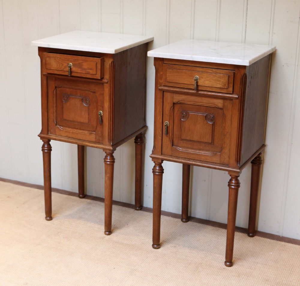 French Oak Marble Top Bedside Cabinets View II