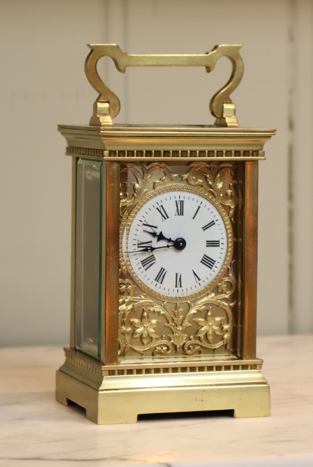 Late 19th Century Carriage Clock with Ornate Dial Mask (France, c. 1890)