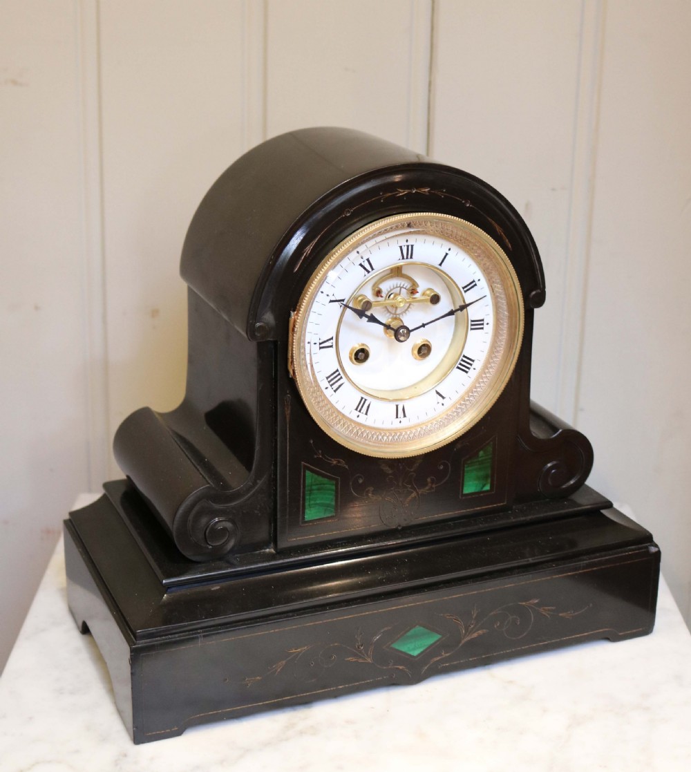 Mid Victorian Polished Slate Mantel Clock With Visible Escapement 