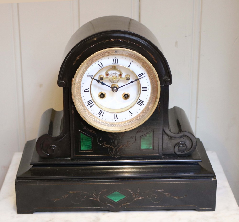 Mid Victorian Polished Slate Mantel Clock With Visible Escapement  View II