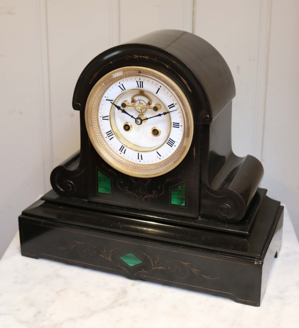 Mid Victorian Polished Slate Mantel Clock With Visible Escapement  View III