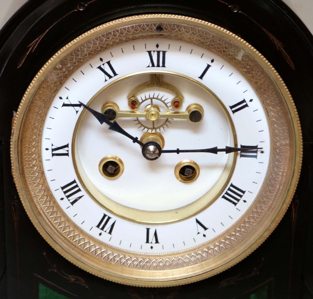 Mid Victorian Polished Slate Mantel Clock With Visible Escapement  View IV