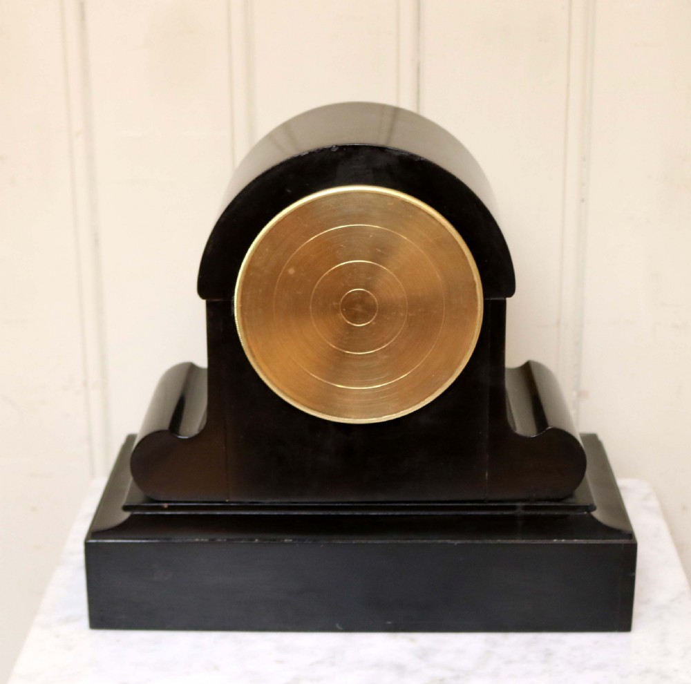 Mid Victorian Polished Slate Mantel Clock With Visible Escapement  View V