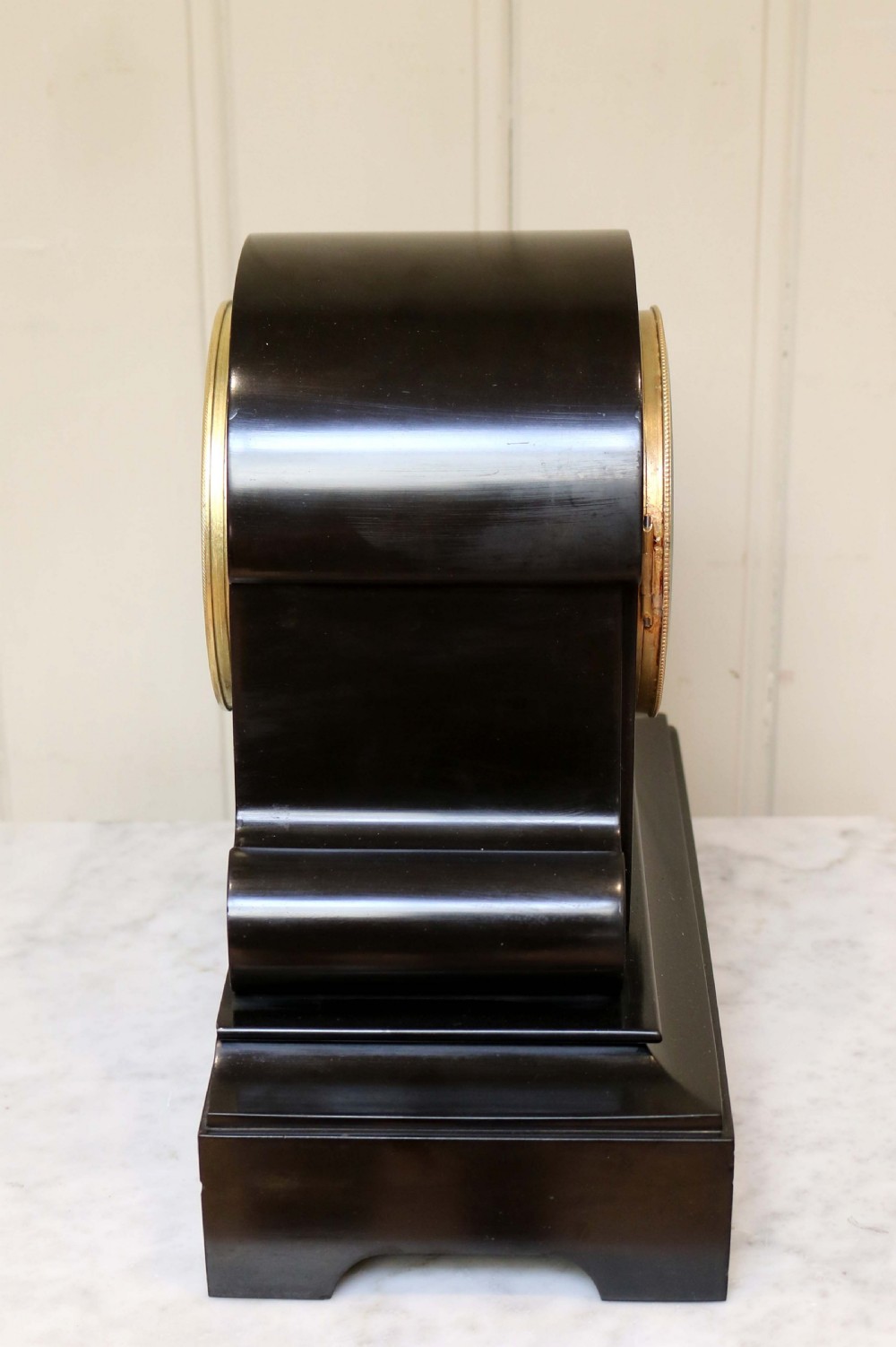 Mid Victorian Polished Slate Mantel Clock With Visible Escapement  View VI