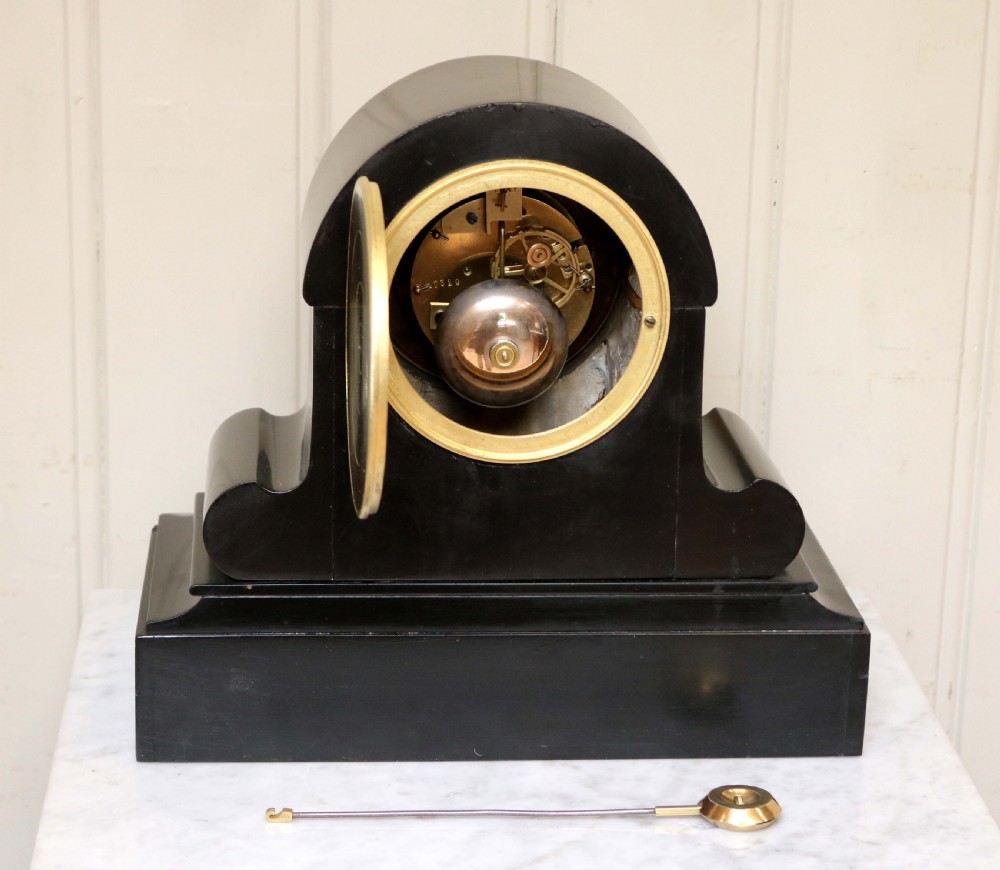 Mid Victorian Polished Slate Mantel Clock With Visible Escapement  View VIII