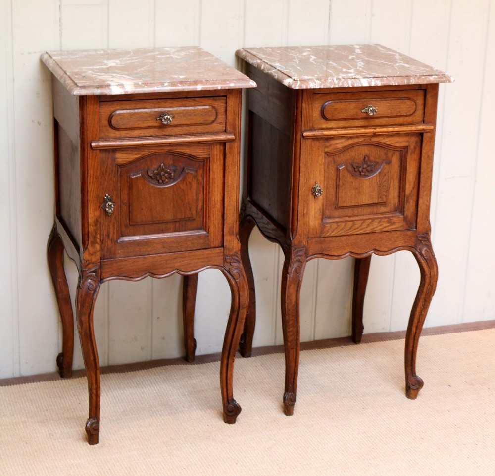 Pair Of French Oak Marble Top Bedside Cabinets 