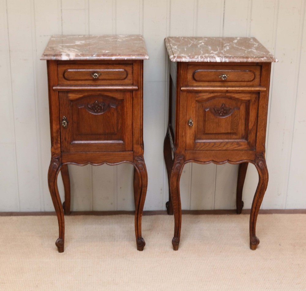 Pair Of French Oak Marble Top Bedside Cabinets  View II