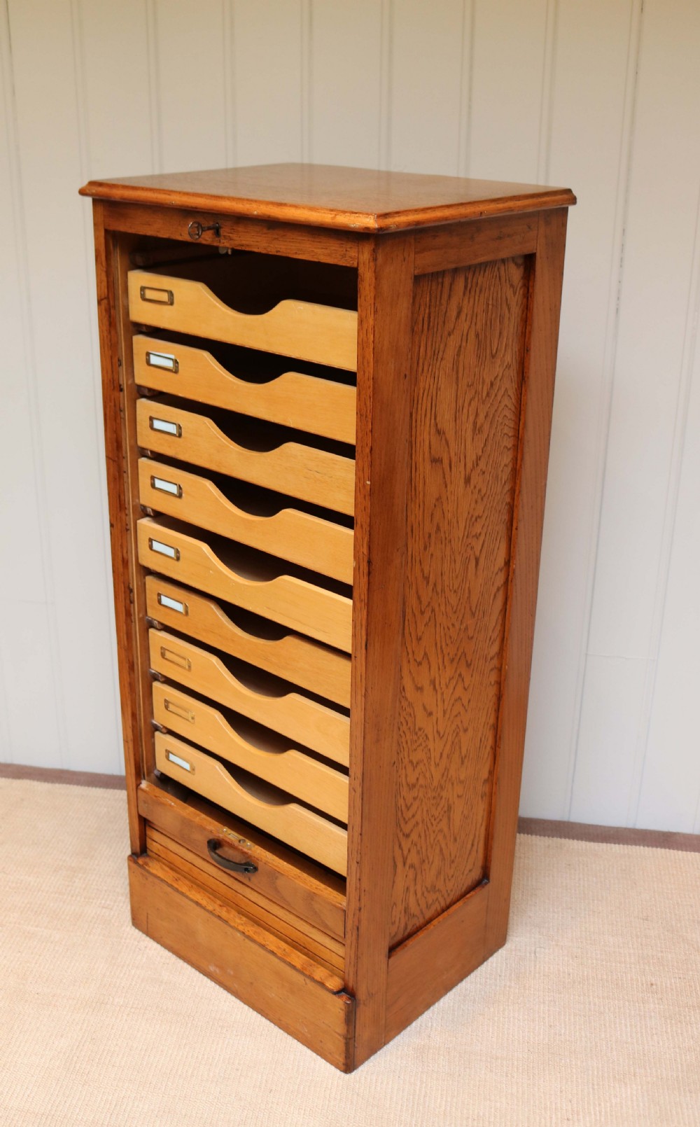 Golden Oak Tambour Front Filing Cabinet View II
