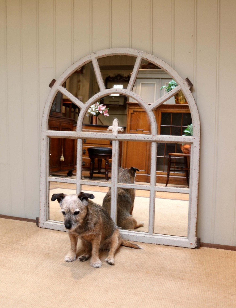 Late 19th Century Painted Arch Top Metal Window Mirror View VI