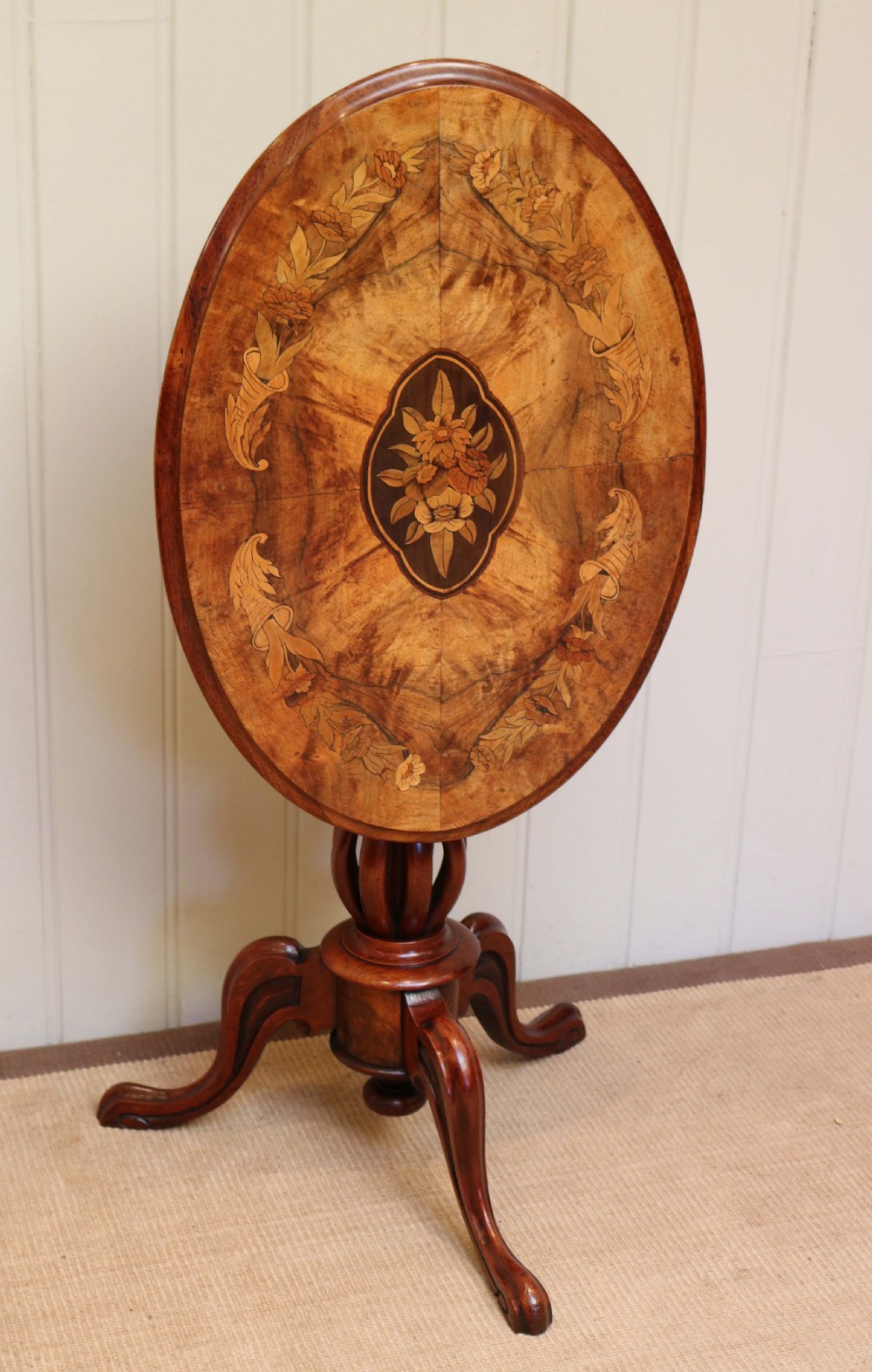 Victorian Walnut Inlaid Oval Tilt Top Table View V