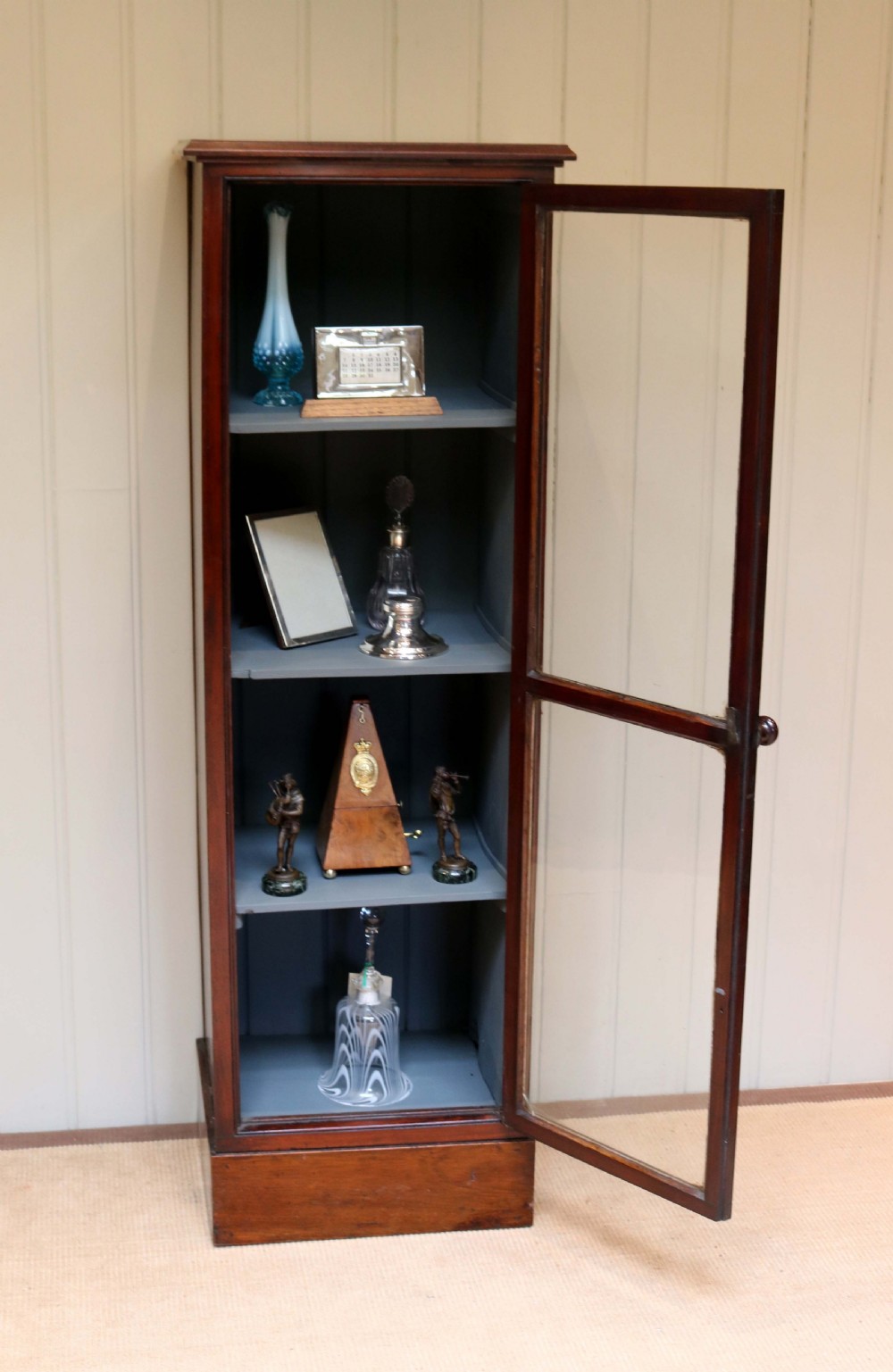 Tall Slim Mahogany Glazed Cabinet View V