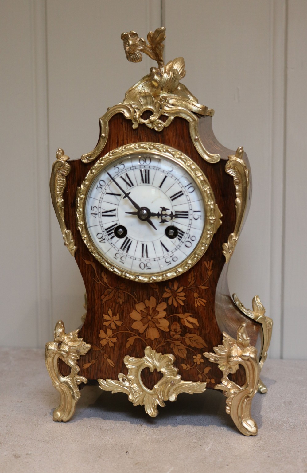 Rosewood and Marquetry Bell Striking Mantel Clock (France, 1889)