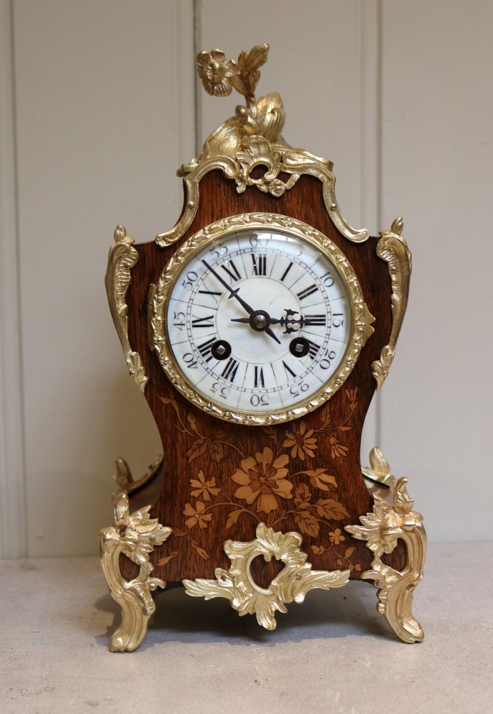 Rosewood and Marquetry Bell Striking Mantel Clock (France, 1889) View II
