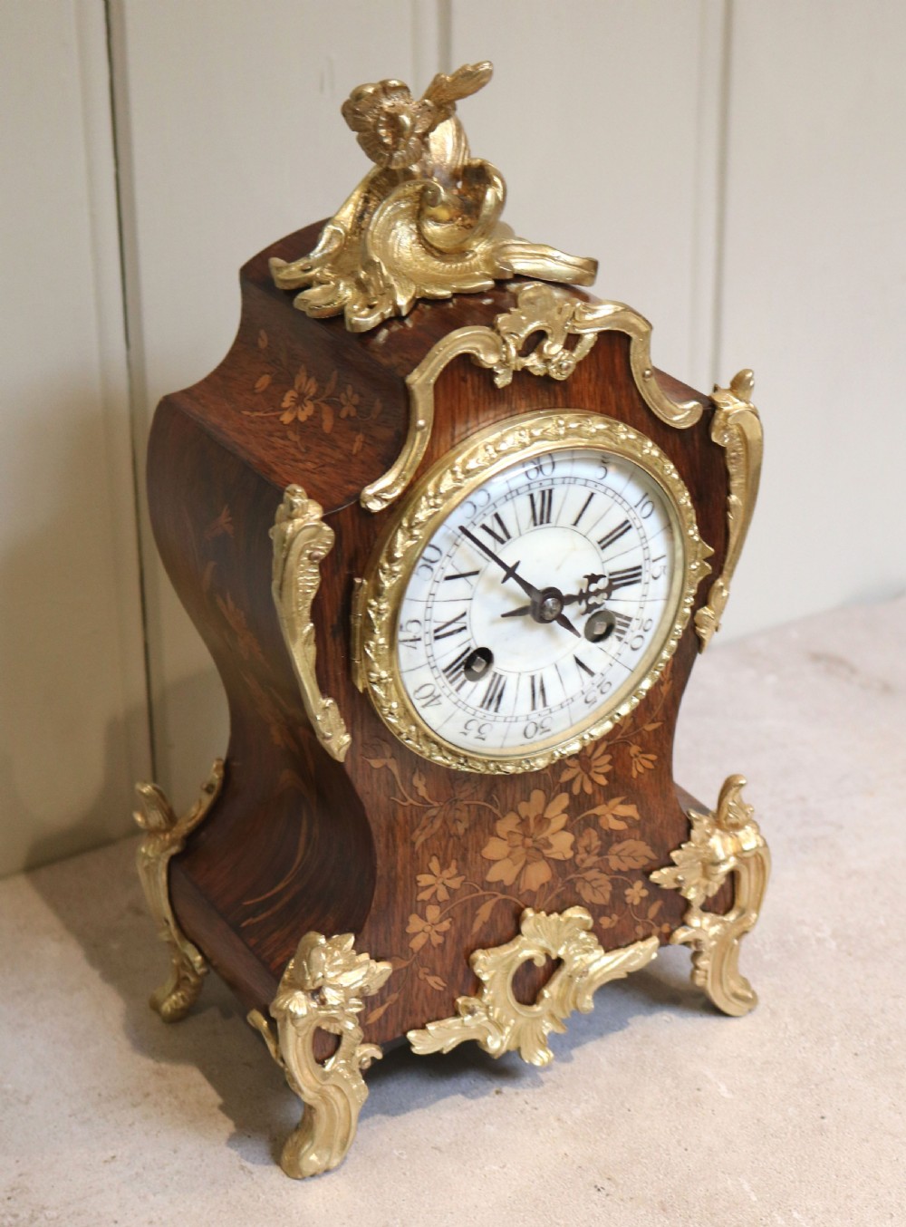 Rosewood and Marquetry Bell Striking Mantel Clock (France, 1889) View III