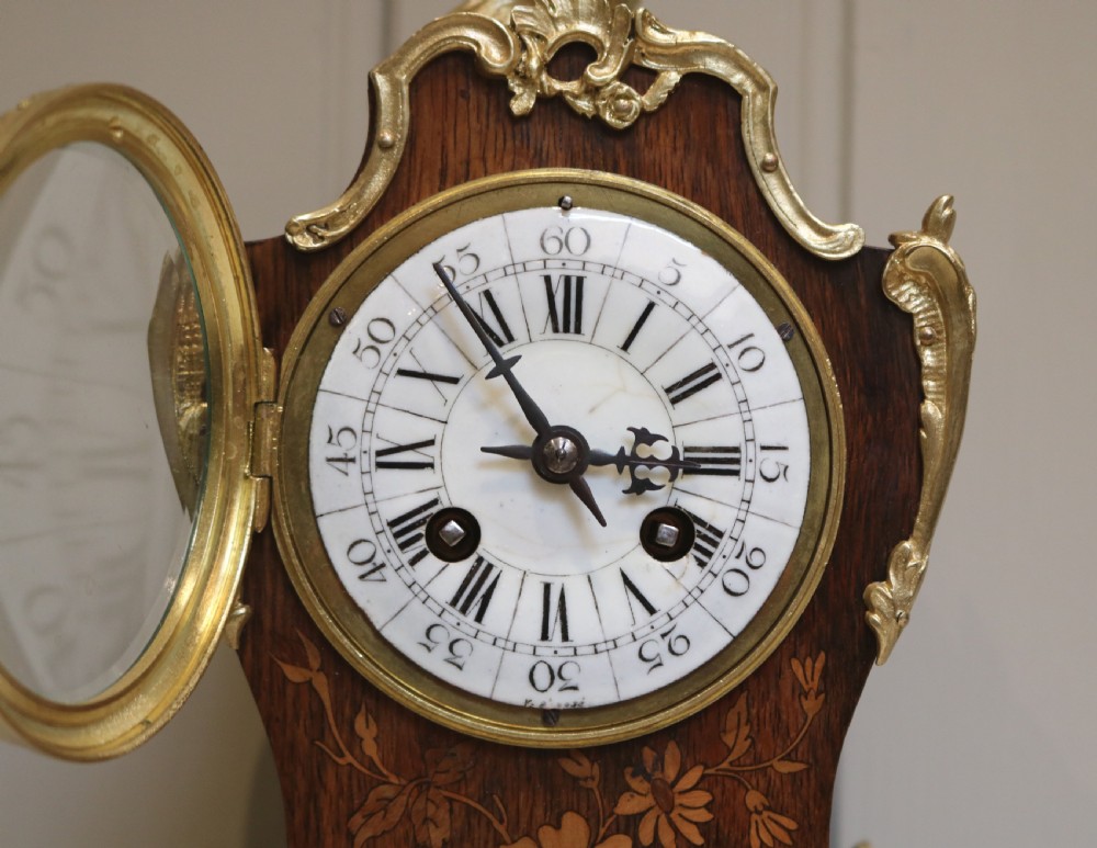 Rosewood and Marquetry Bell Striking Mantel Clock (France, 1889) View VIII