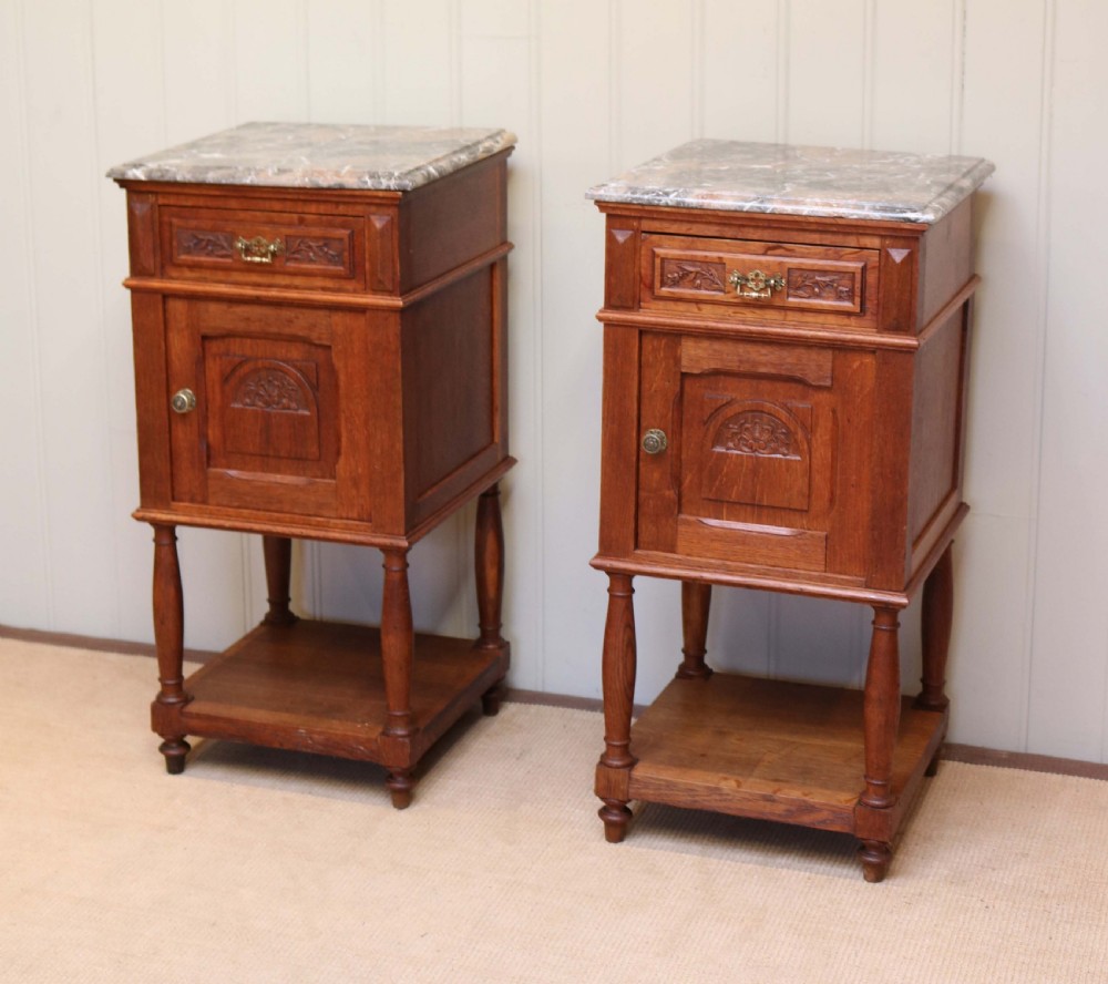 Pair Of French Oak Marble Top Bedside Cabinets 