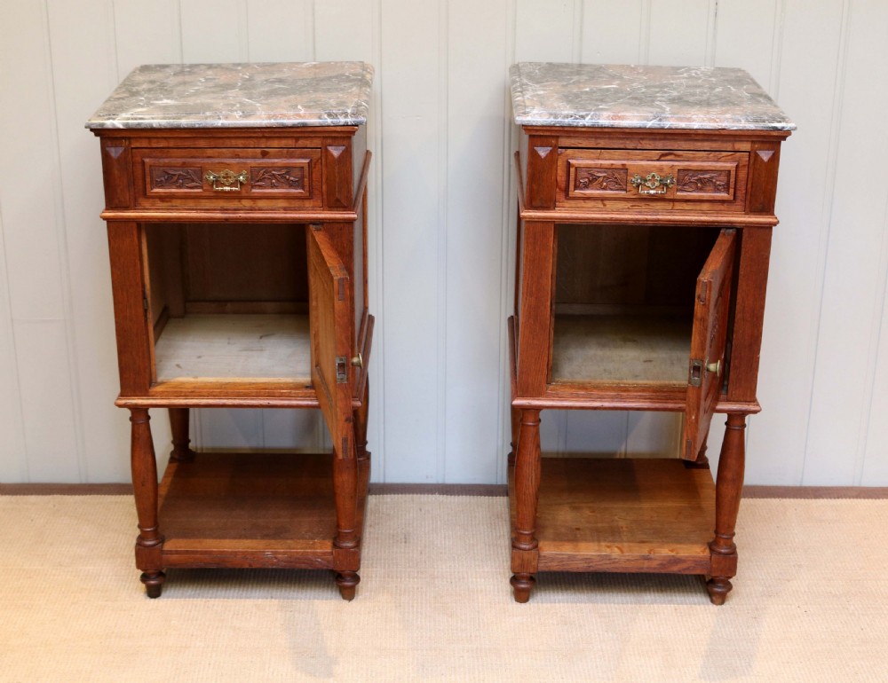 Pair Of French Oak Marble Top Bedside Cabinets  View III