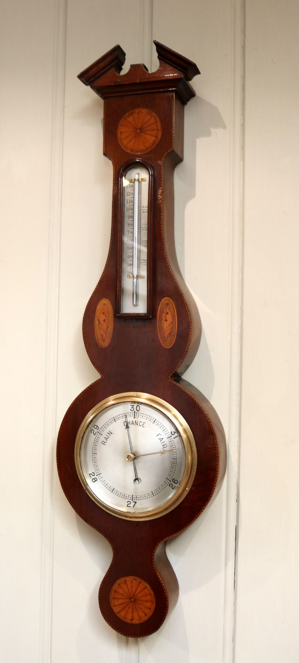 Edwardian Sheraton Style Mahogany and Inlay Aneroid Barometer 