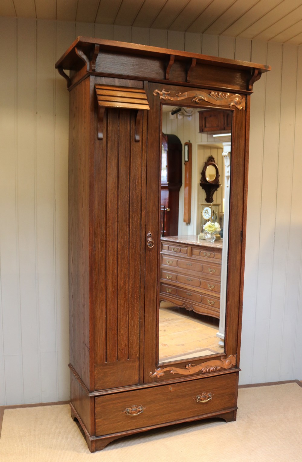 Oak Arts And Crafts Mirrored Wardrobe 