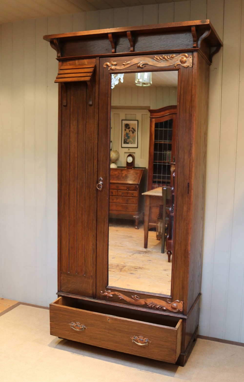 Oak Arts And Crafts Mirrored Wardrobe  View II