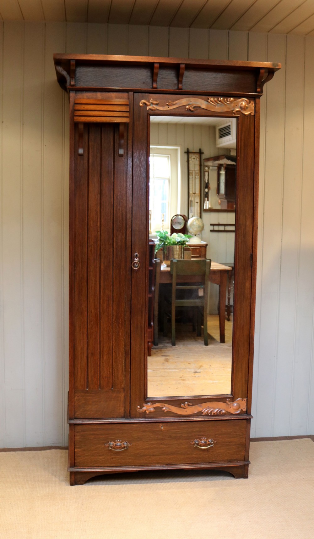 Oak Arts And Crafts Mirrored Wardrobe  View III