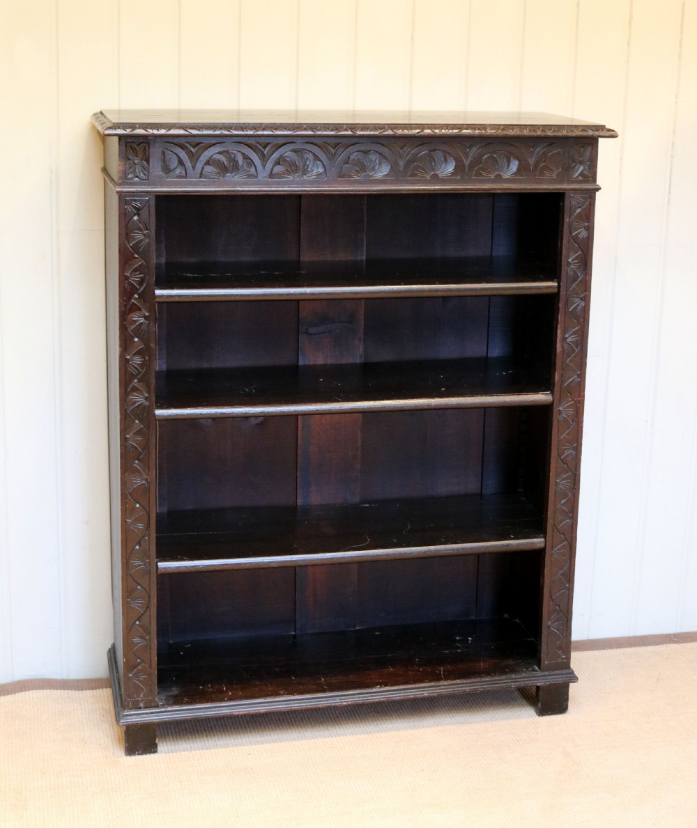 Victorian Dark Oak Carved Open Bookcase View II