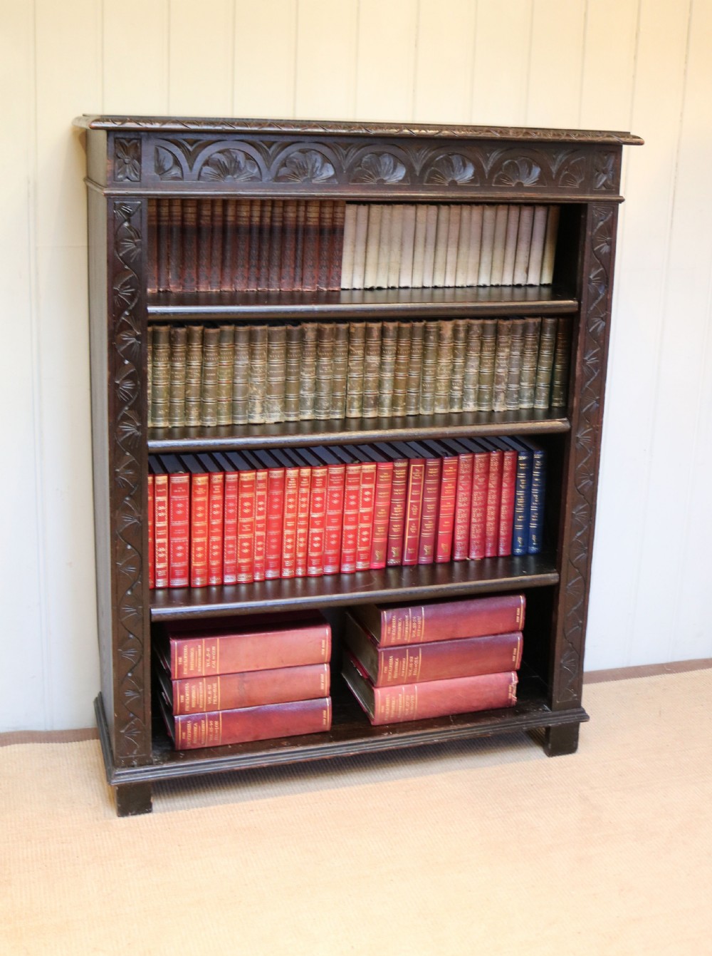 Victorian Dark Oak Carved Open Bookcase View III
