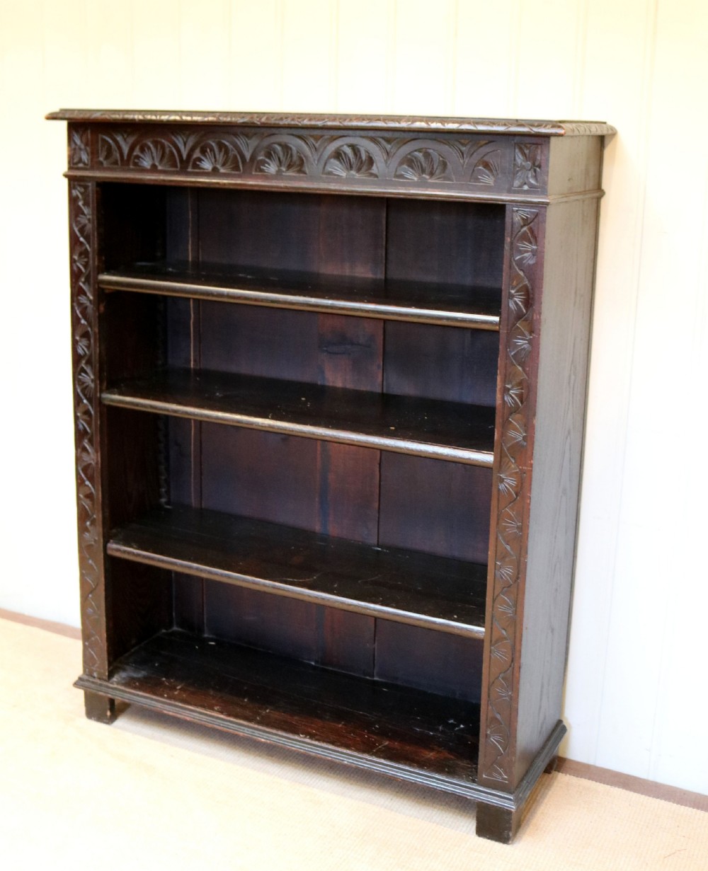 Victorian Dark Oak Carved Open Bookcase View IV