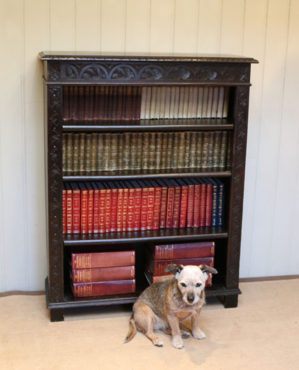 Victorian Dark Oak Carved Open Bookcase View V