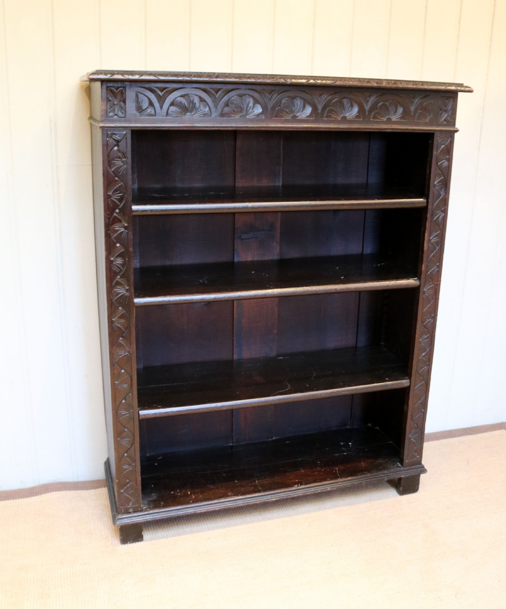 Victorian Dark Oak Carved Open Bookcase View VI