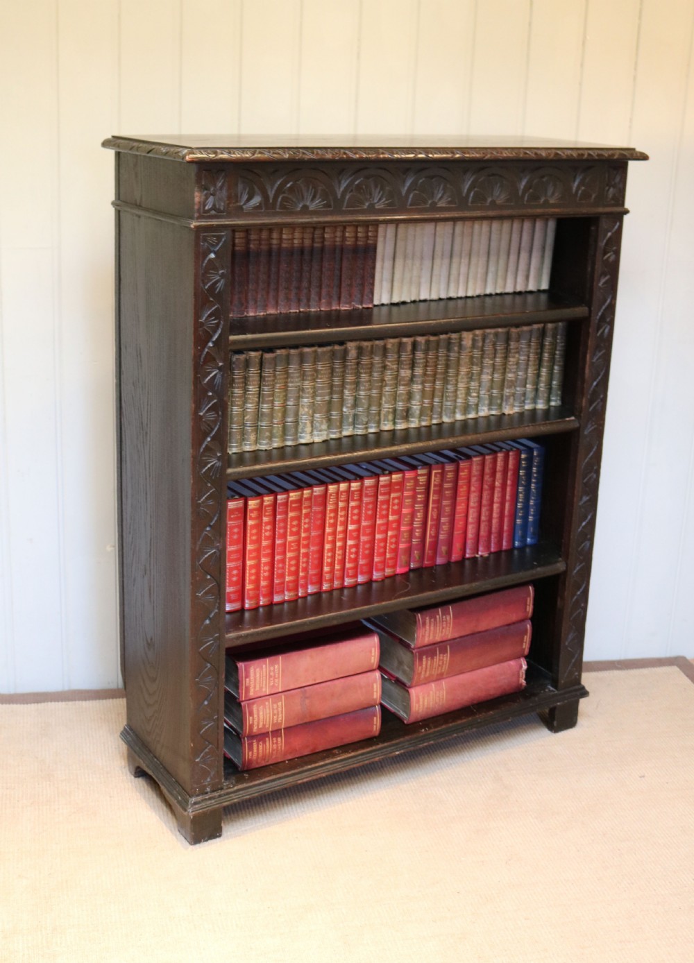 Victorian Dark Oak Carved Open Bookcase View VII