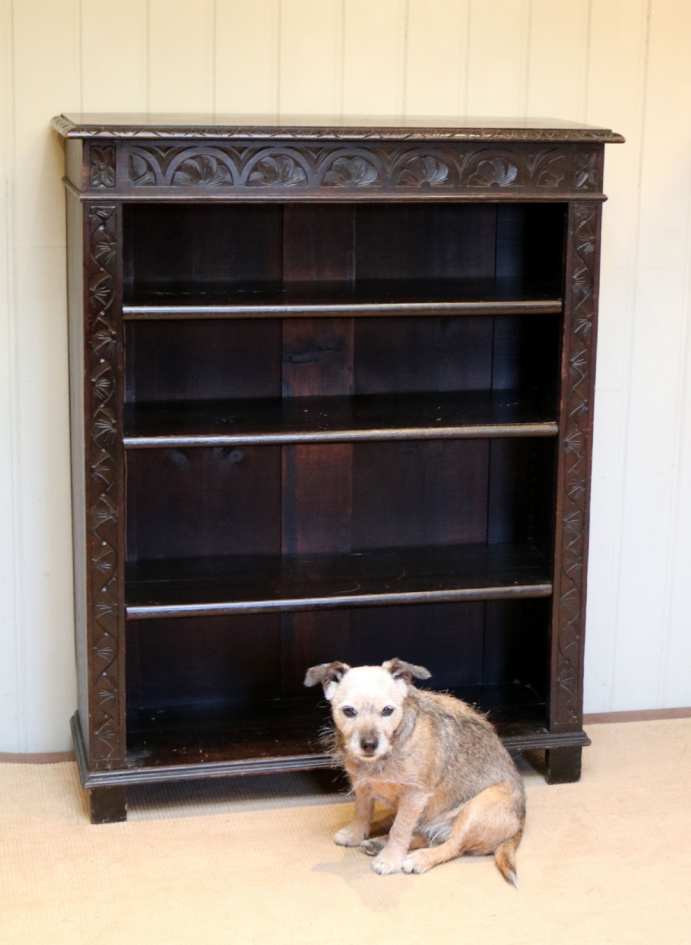 Victorian Dark Oak Carved Open Bookcase View VIII
