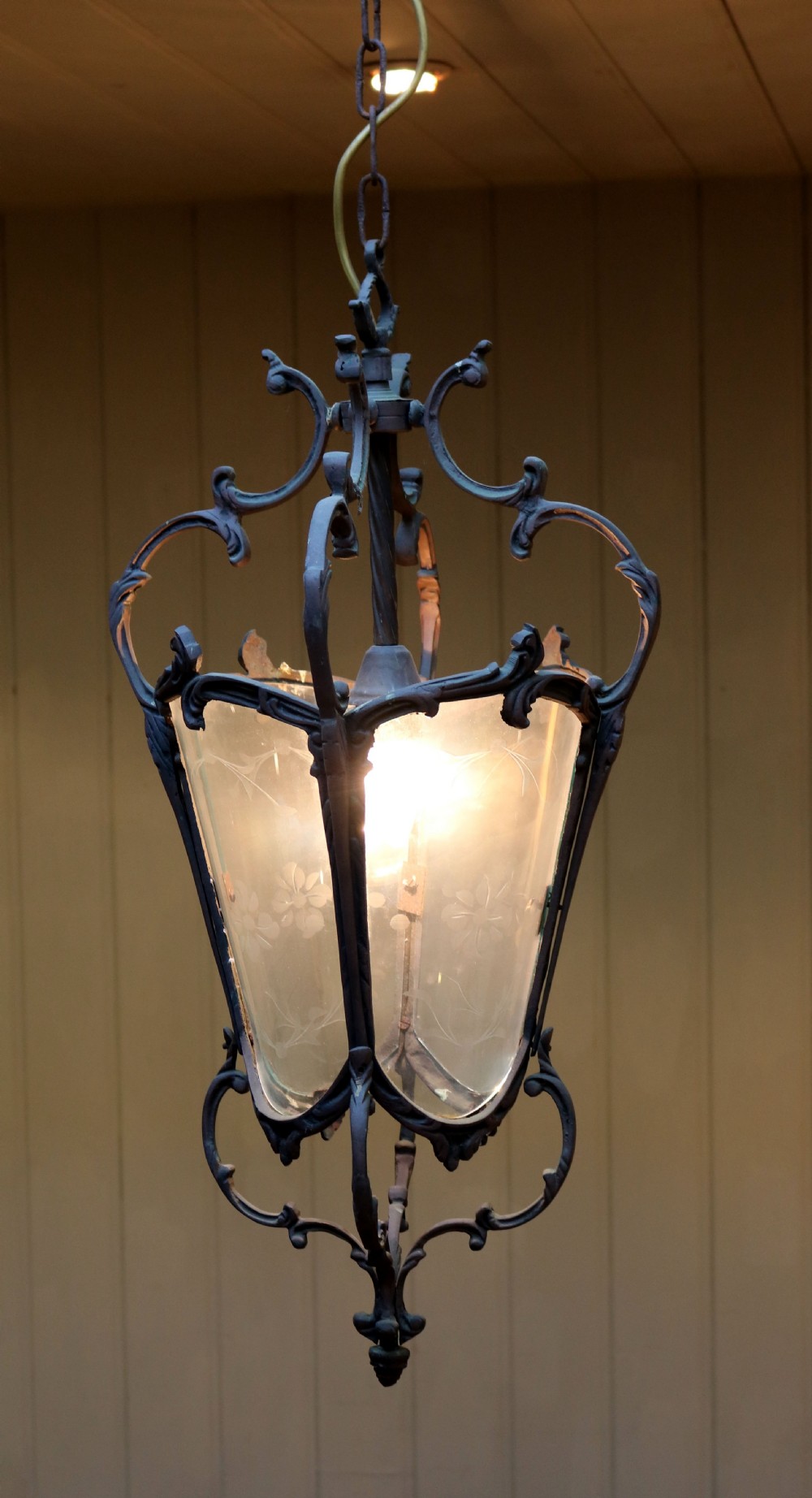 French Bronze Etched Glass Lantern View V