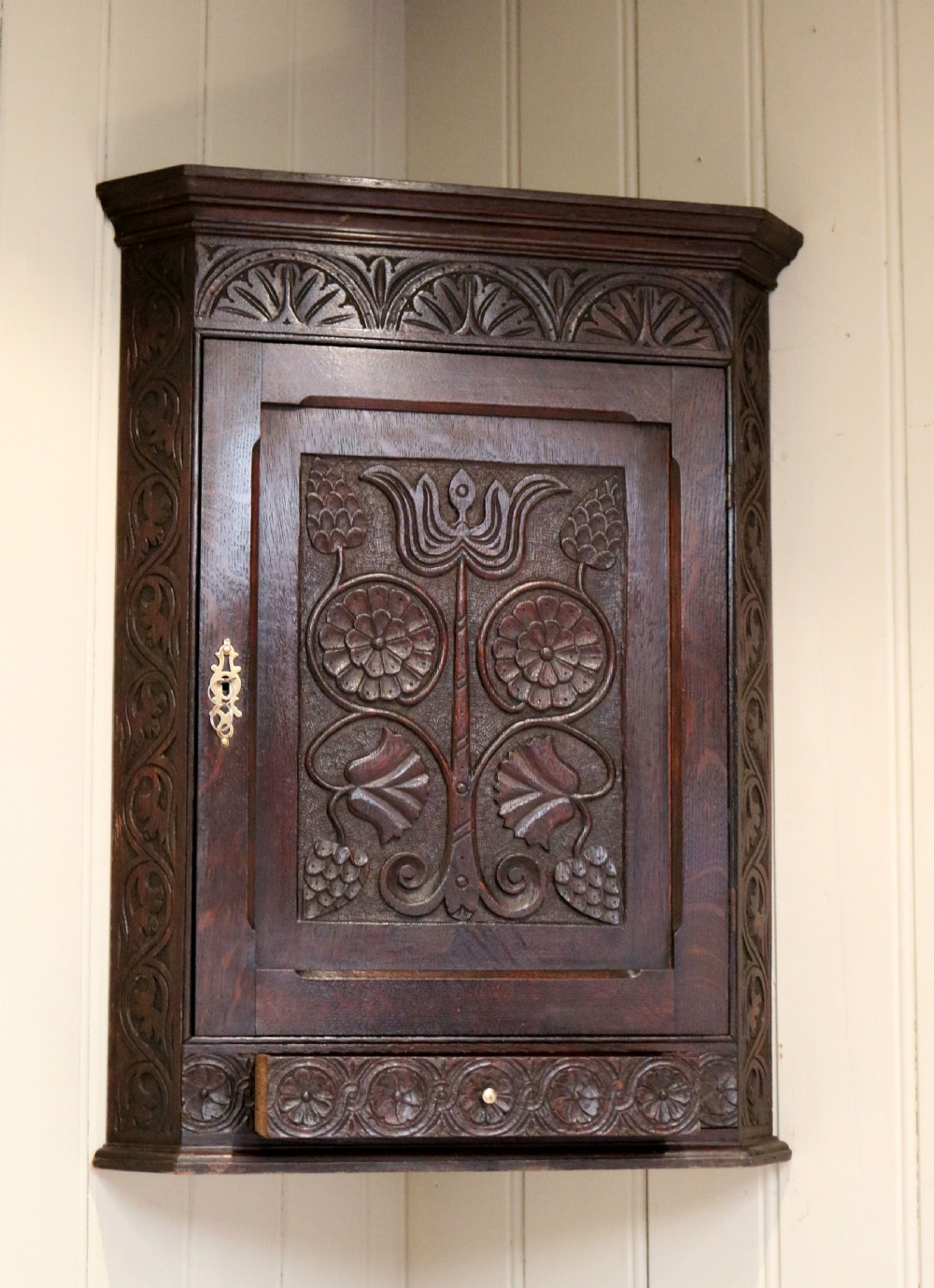 Small Georgian Carved Oak Corner Cabinet View V