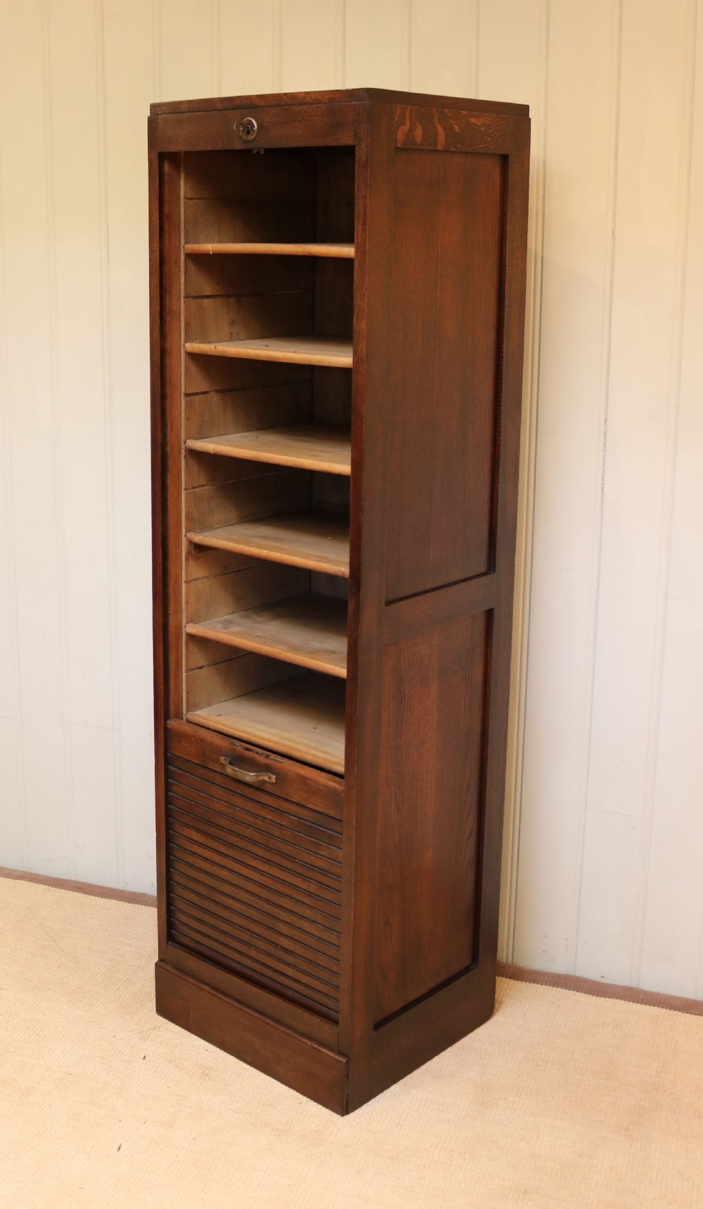 Tall Single Dark Oak Tambour Front Filing Cabinet View II