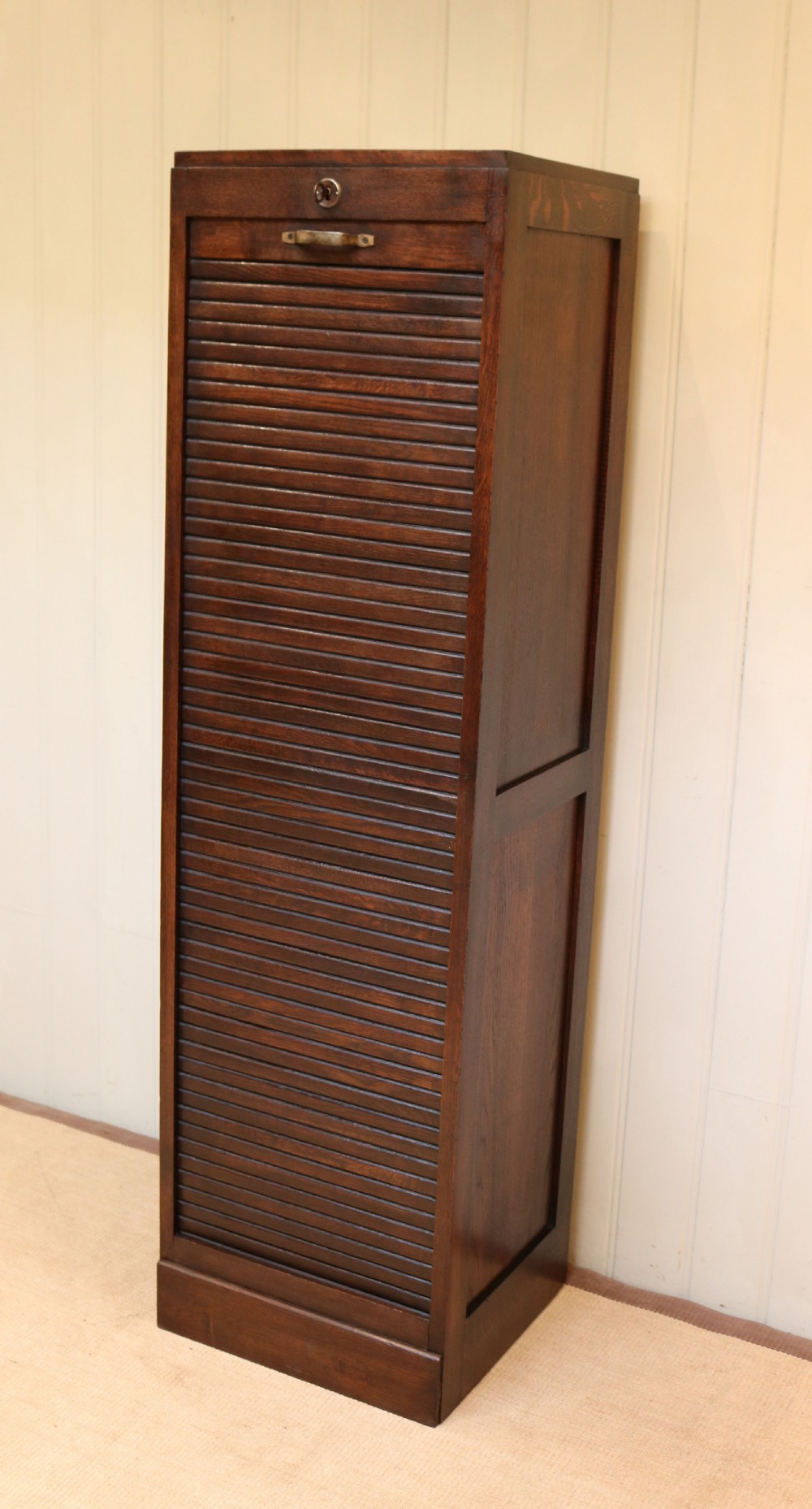 Tall Single Dark Oak Tambour Front Filing Cabinet View III