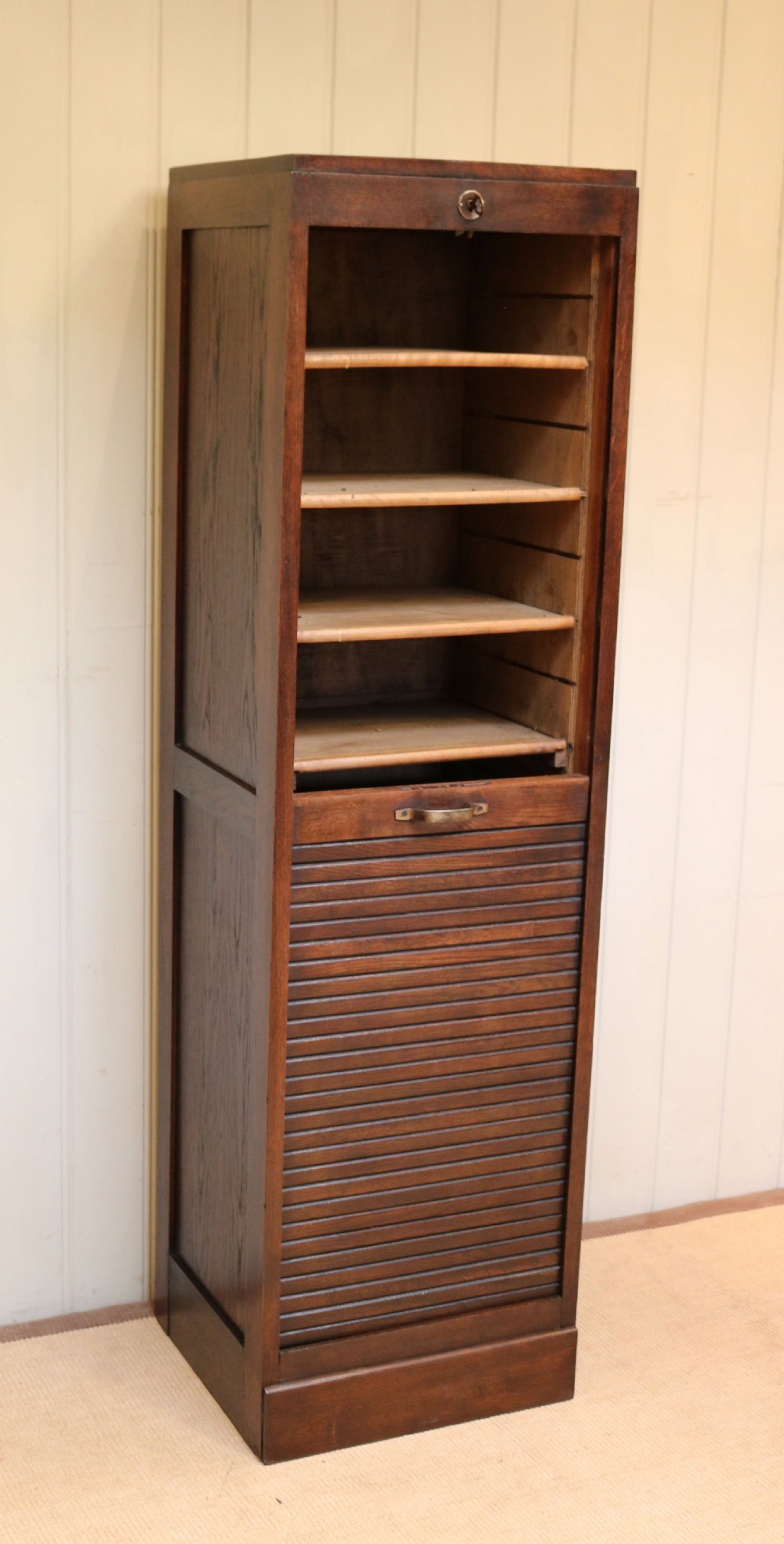 Tall Single Dark Oak Tambour Front Filing Cabinet View IV