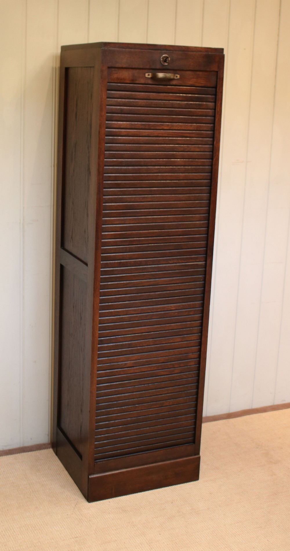Tall Single Dark Oak Tambour Front Filing Cabinet View V