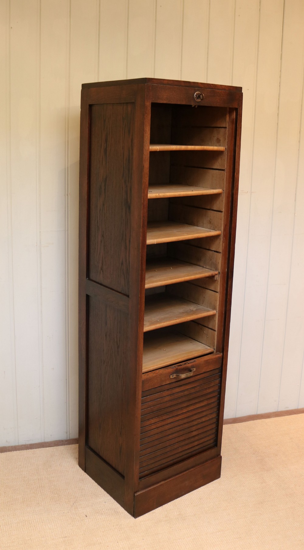 Tall Single Dark Oak Tambour Front Filing Cabinet View VI
