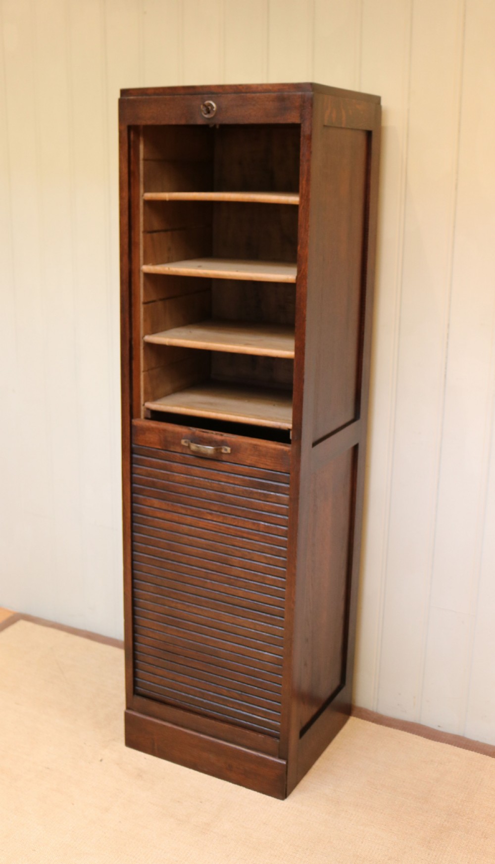 Tall Single Dark Oak Tambour Front Filing Cabinet View VIII