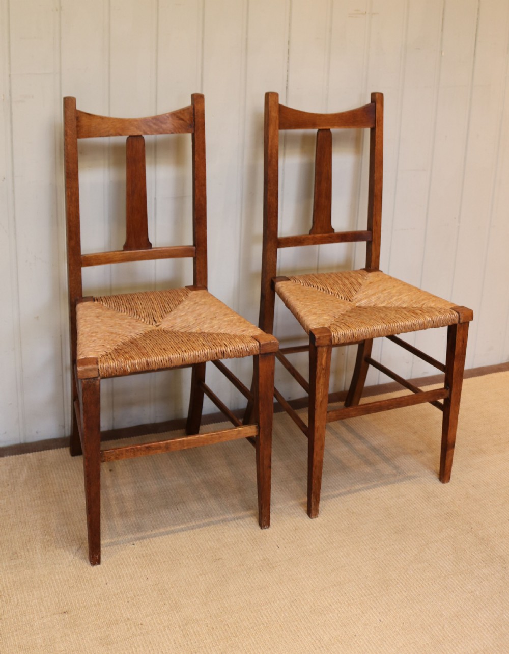 Pair Of Oak Arts And Crafts Rush Seat Chairs  View II