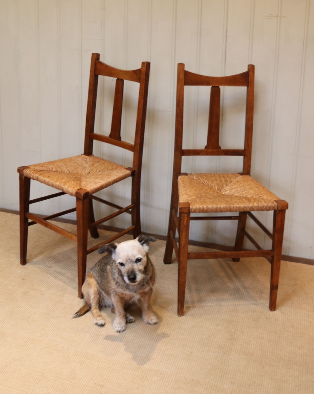 Pair Of Oak Arts And Crafts Rush Seat Chairs  View V