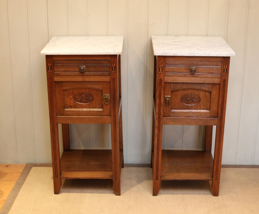 Pair Of French Oak Marble Top Bedside Cabinets