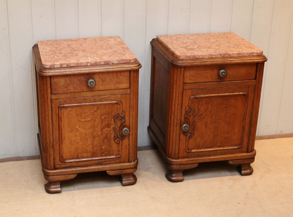 Pair Of French Oak Marble Top Bedside Cabinets
