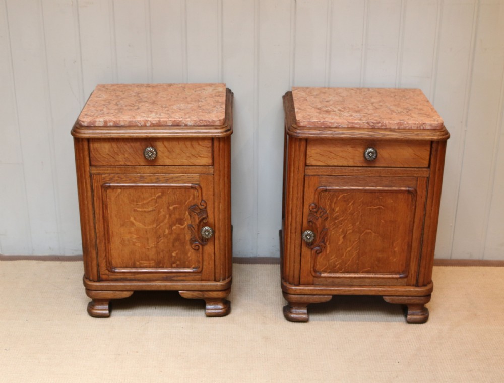 Pair Of French Oak Marble Top Bedside Cabinets View II
